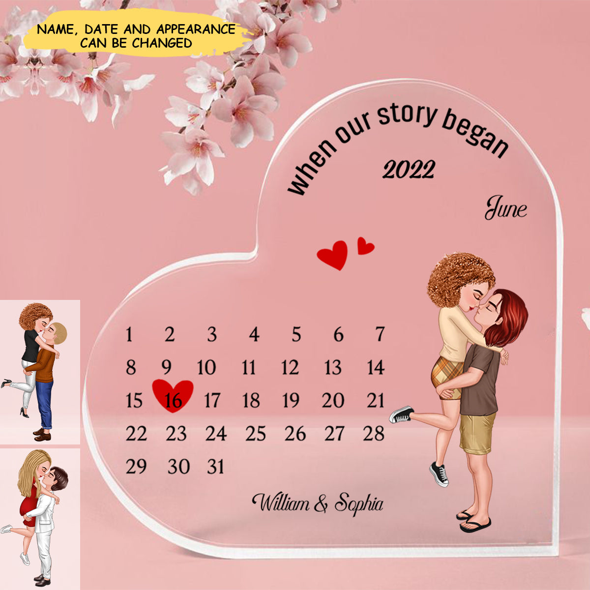 When Our Story Began - Doll Couple Kissing Hugging - Personalized Acrylic Glass Heart Shaped Plaque