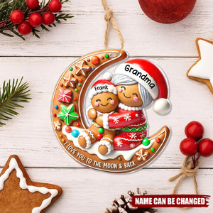 3D Effect Gingerbread Grandma Hugging Grandkids On Moon Christmas Personalized Acrylic Ornament