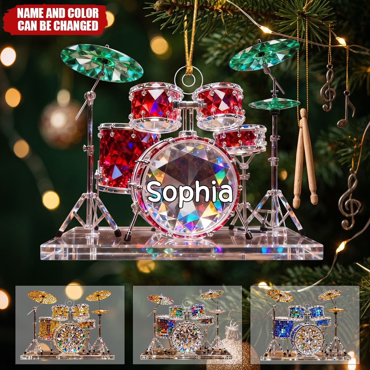 Personalized Stained Glass Effect Acrylic Christmas Ornament, Presents For Drummers