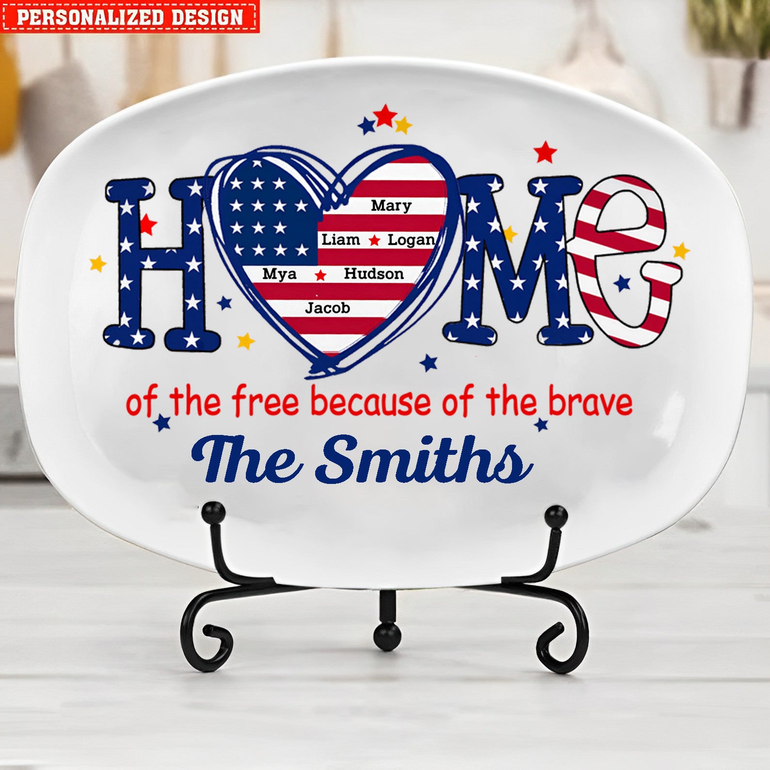 Home of the free because of the brave 4th of July Custom Family name Personalized Platter