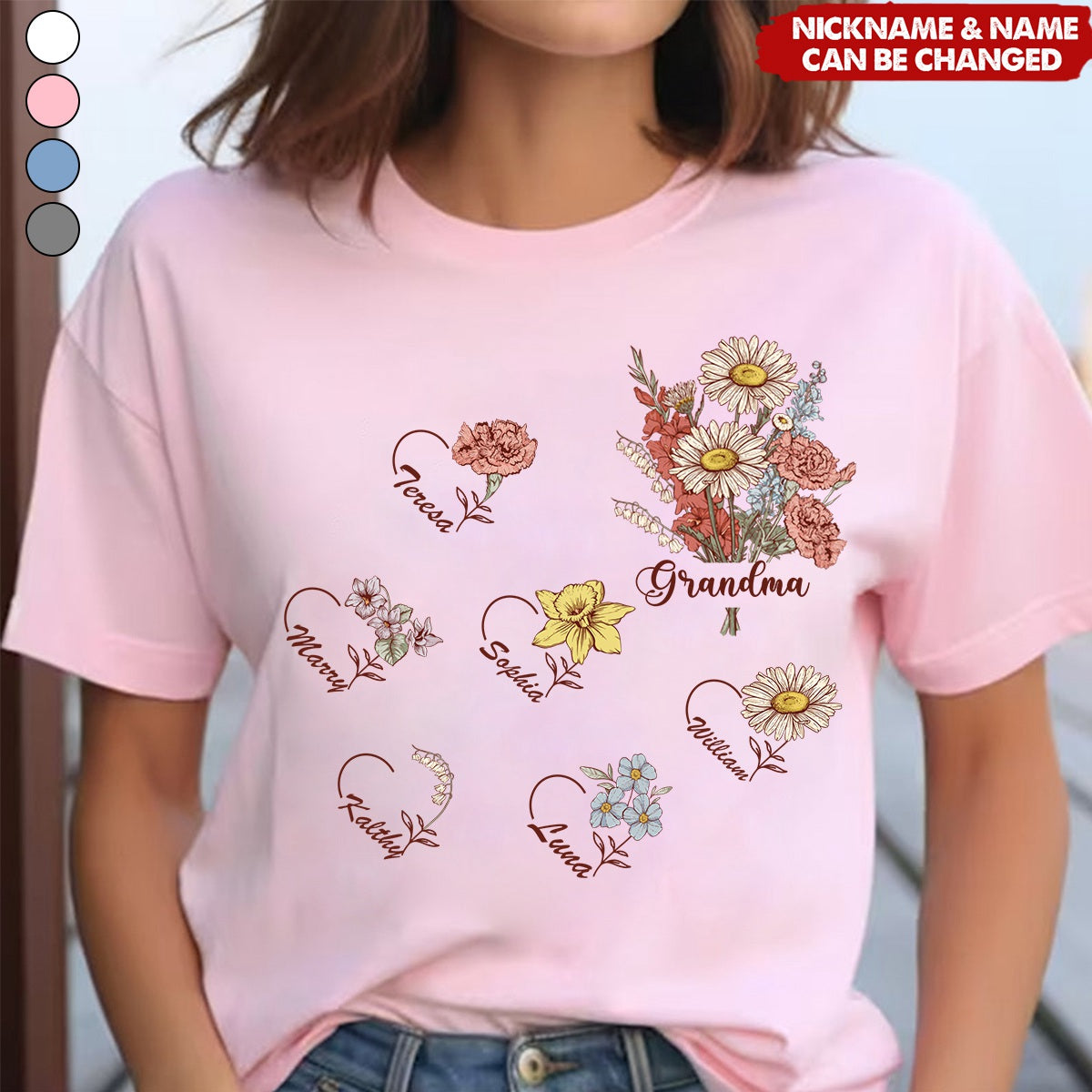 Personalized Birth Month Flower On T-shirt, Gift For Grandma Mom