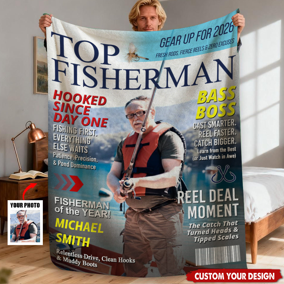Custom Fishing Magazine Cover Personalized Blanket, Angler Funny Fisherman Gift