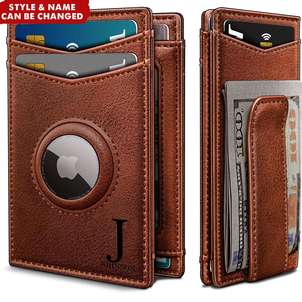 Personalized Leather Card Holder Magnetic Closure RFID Blocking AirTag Wallet