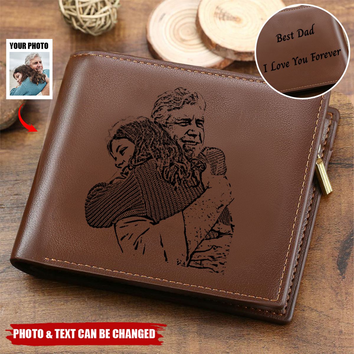 Personalized Photo Trifold Zipper Engraved Wallet For Men