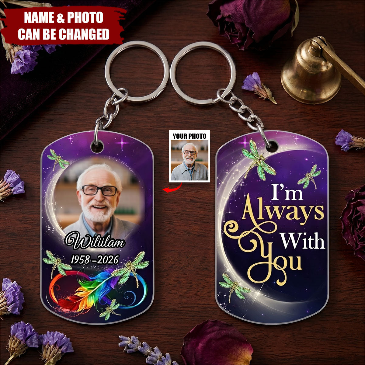 Personalized Stainless Steel Keychain With Memorial Photo, Dragonfly Design, Unique Gift For Family
