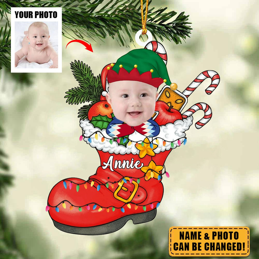 Cute Christmas Kid Santa Shoe Custom Photo Acrylic Ornament
