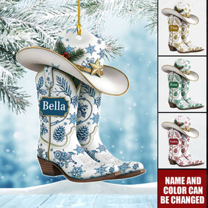 Customize Name Cowgirl Boots Christmas Ornament, Coquette Bow Hat Gift