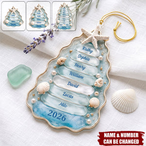 Personalized Sea Glass Family Tree Acrylic Ornament - Custom Coastal Christmas Gift for Family