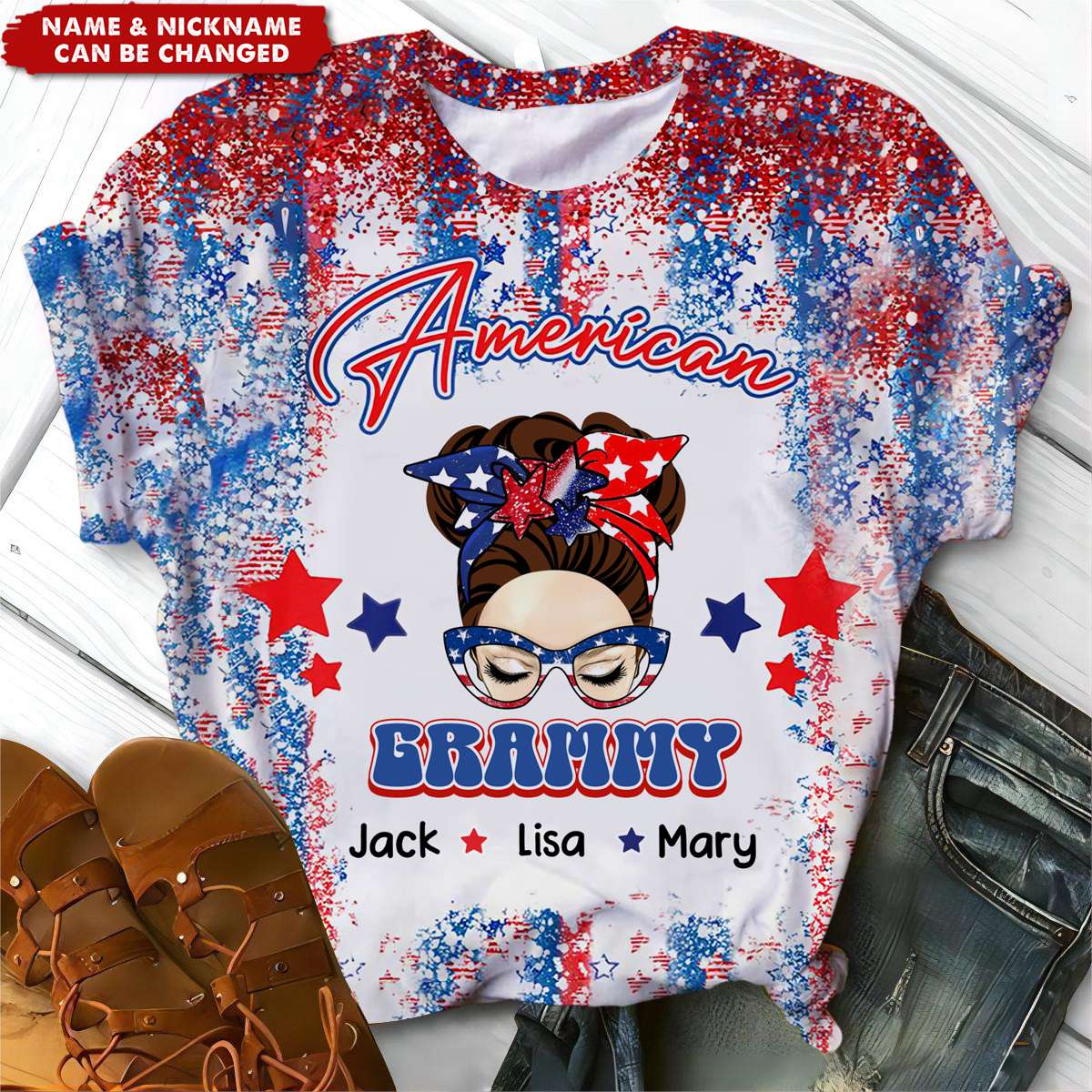 4th July American Messy Bun Mama Auntie Mom Custom Kids Name Personalized 3D T-Shirt