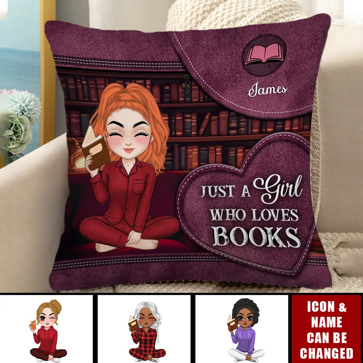 Personalized Girl Loves Books Reading Pillow - Birthday Gift Idea For Daughter,  Granddaughter