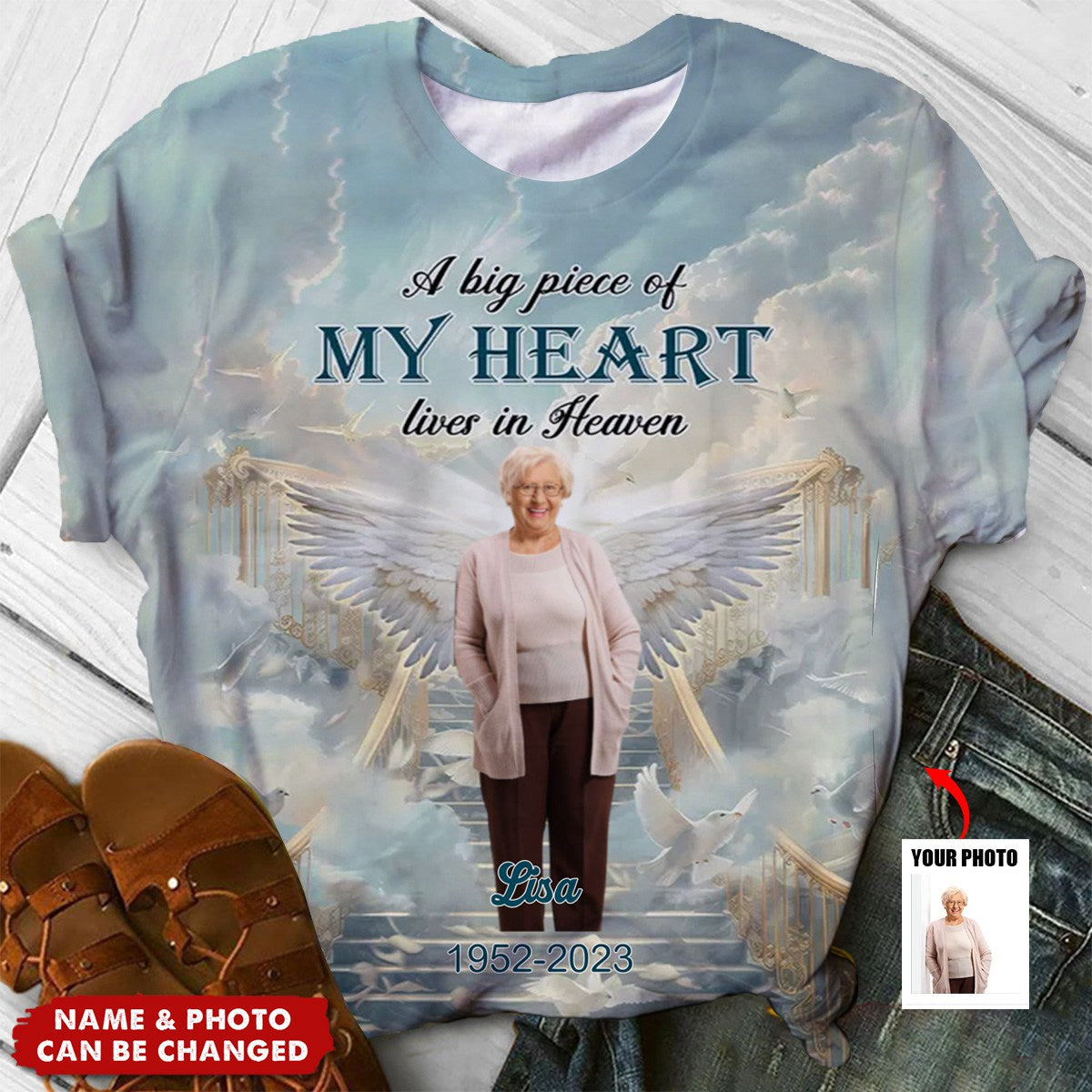 Heavenly Staircase Upload Photo Angel Wings, A Big Piece Of My Heart Lives In Heaven Personalized 3D T-Shirt