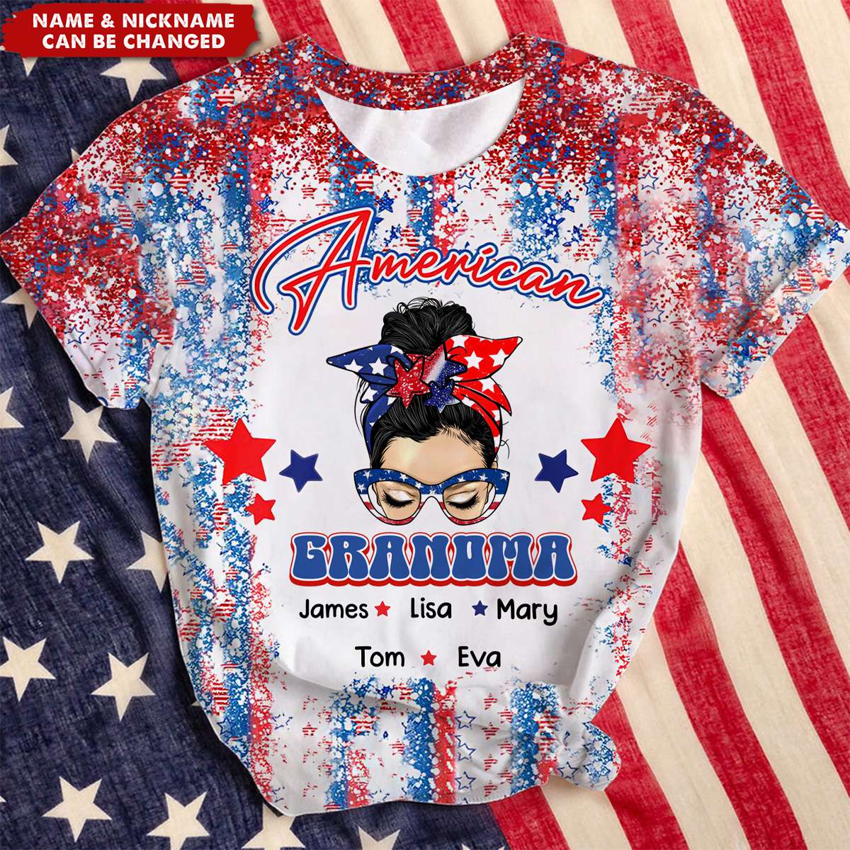 4th July American Messy Bun Mama Auntie Mom Custom Kids Name Personalized 3D T-Shirt