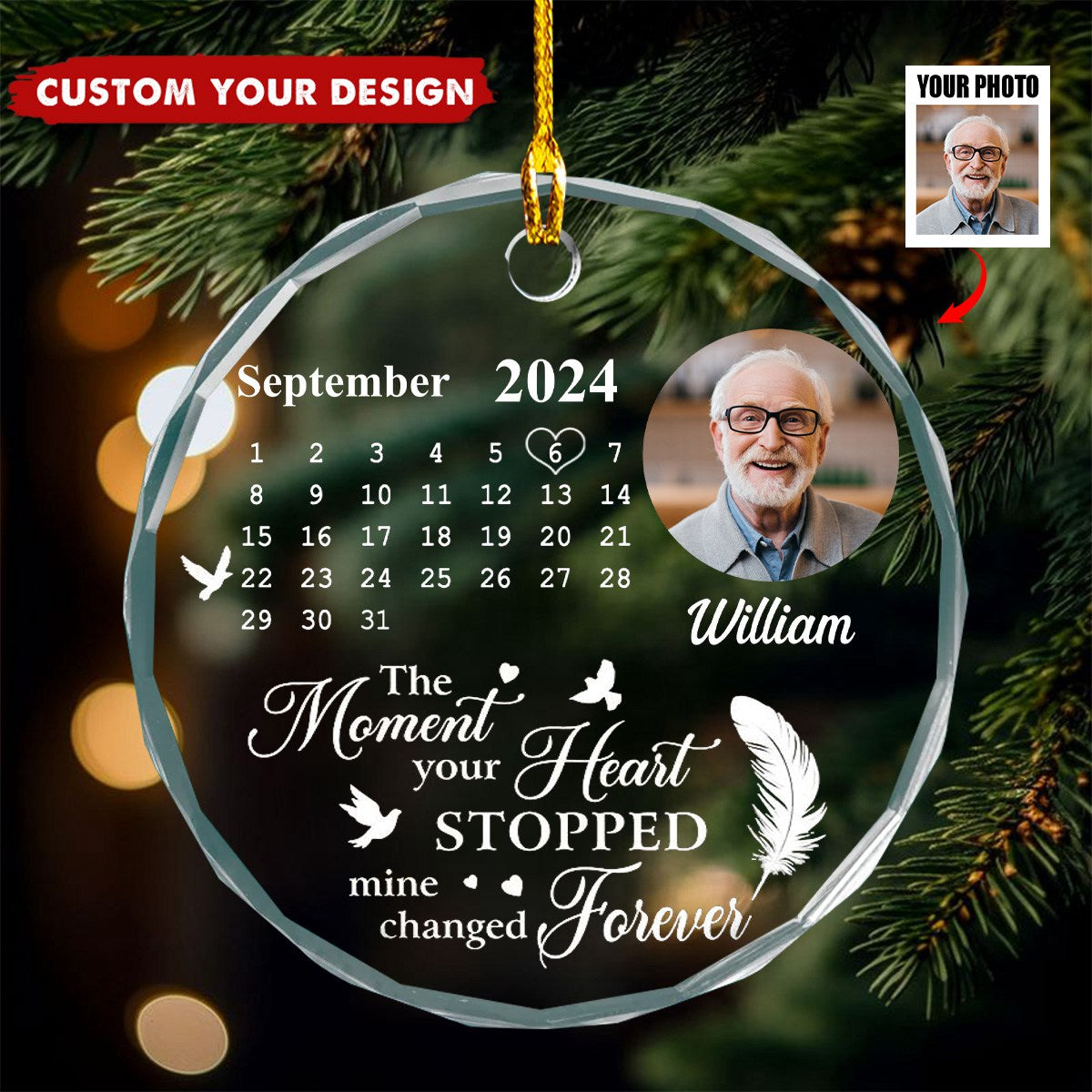 Custom Photo The Moment Your Heart Stopped Memorial Calendar - Personalized Circle Glass Ornament