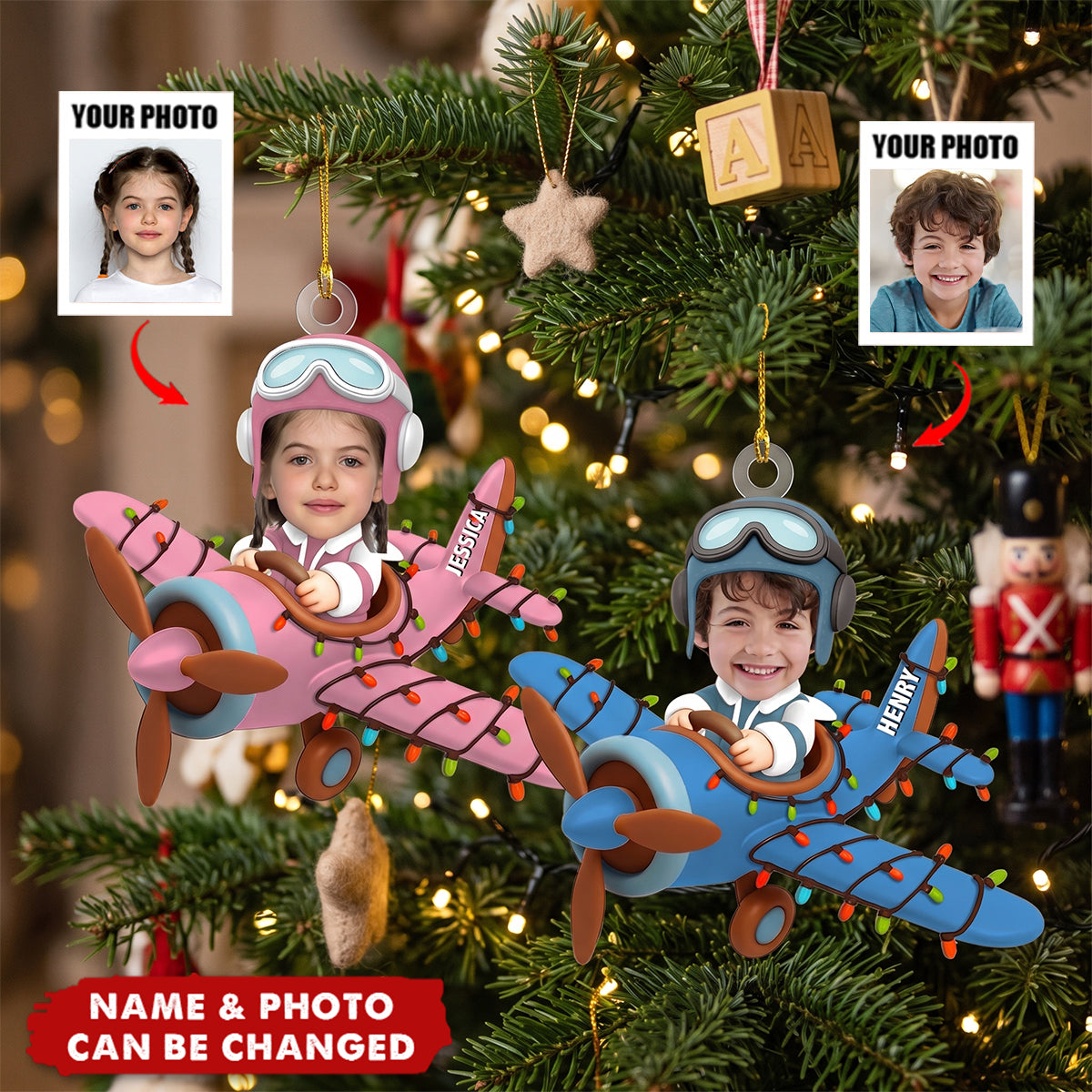 Custom Photo Funny Kid Face Airplane - Personalized 1-Layer Acrylic Ornament