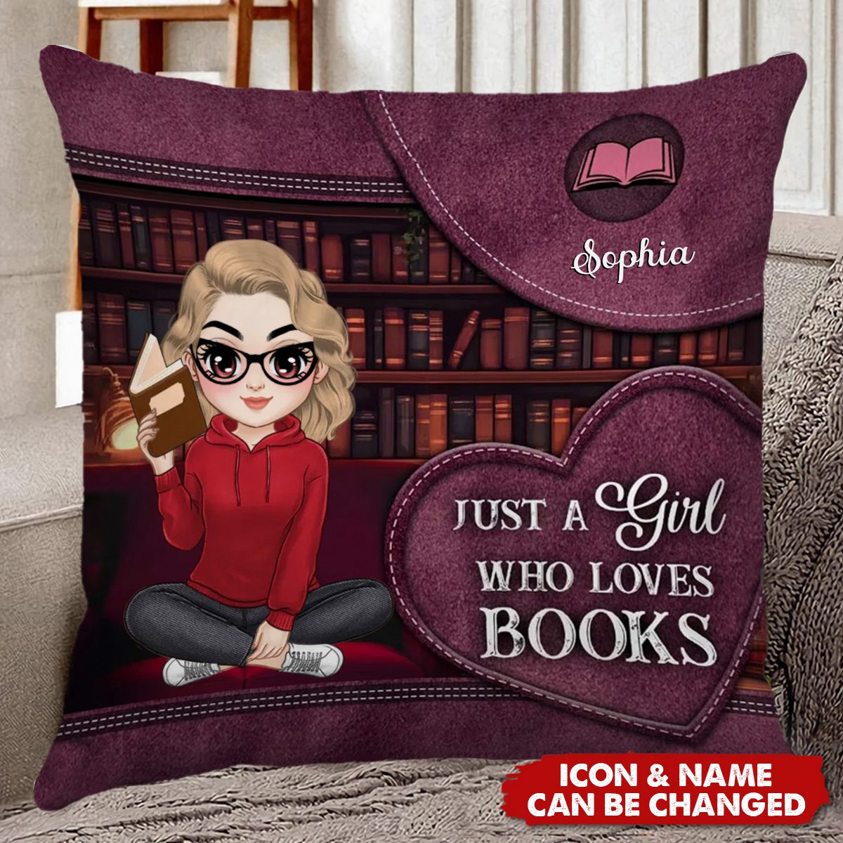 Personalized Girl Loves Books Reading Pillow - Birthday Gift Idea For Daughter,  Granddaughter