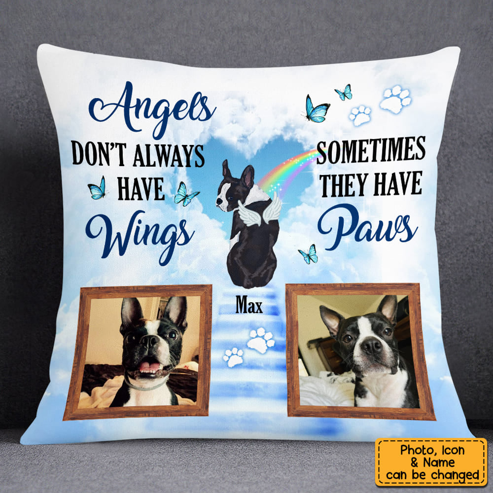 Pet Photo Memorial With Angel Wings Dog Loss Pillow