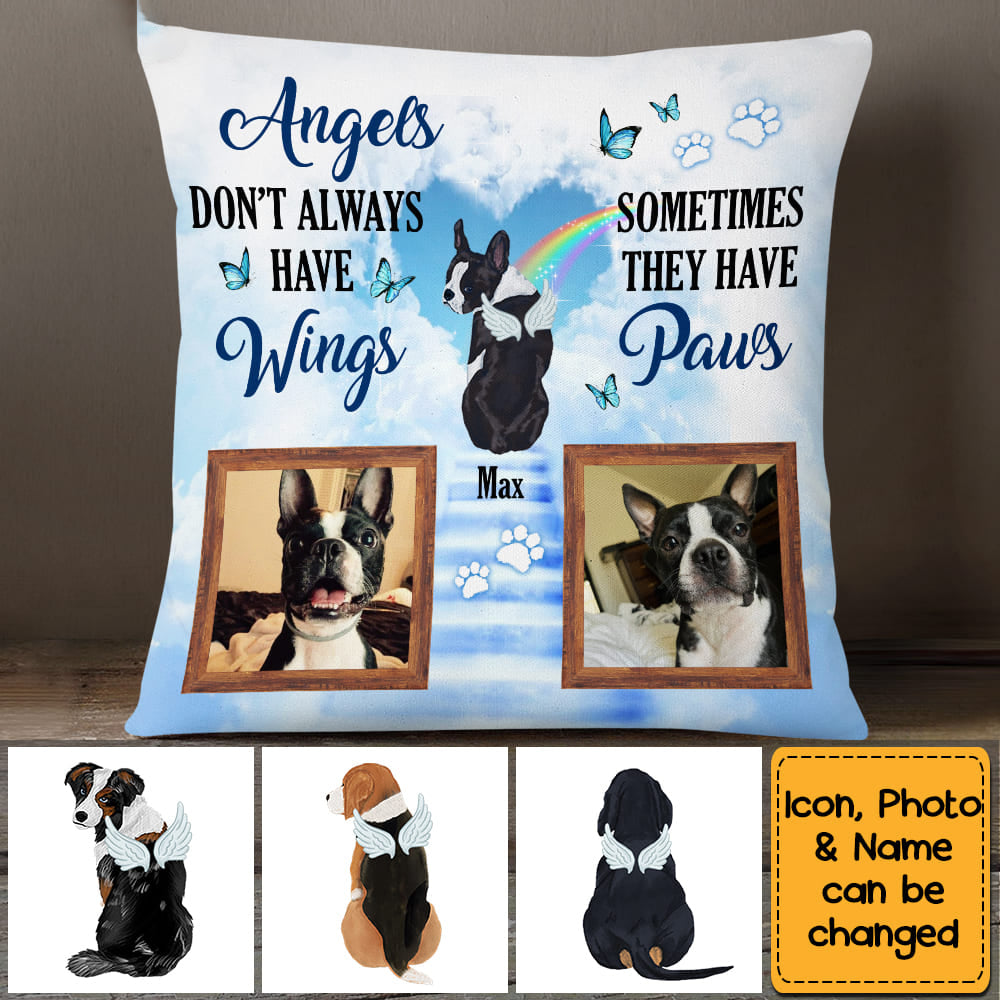 Pet Photo Memorial With Angel Wings Dog Loss Pillow