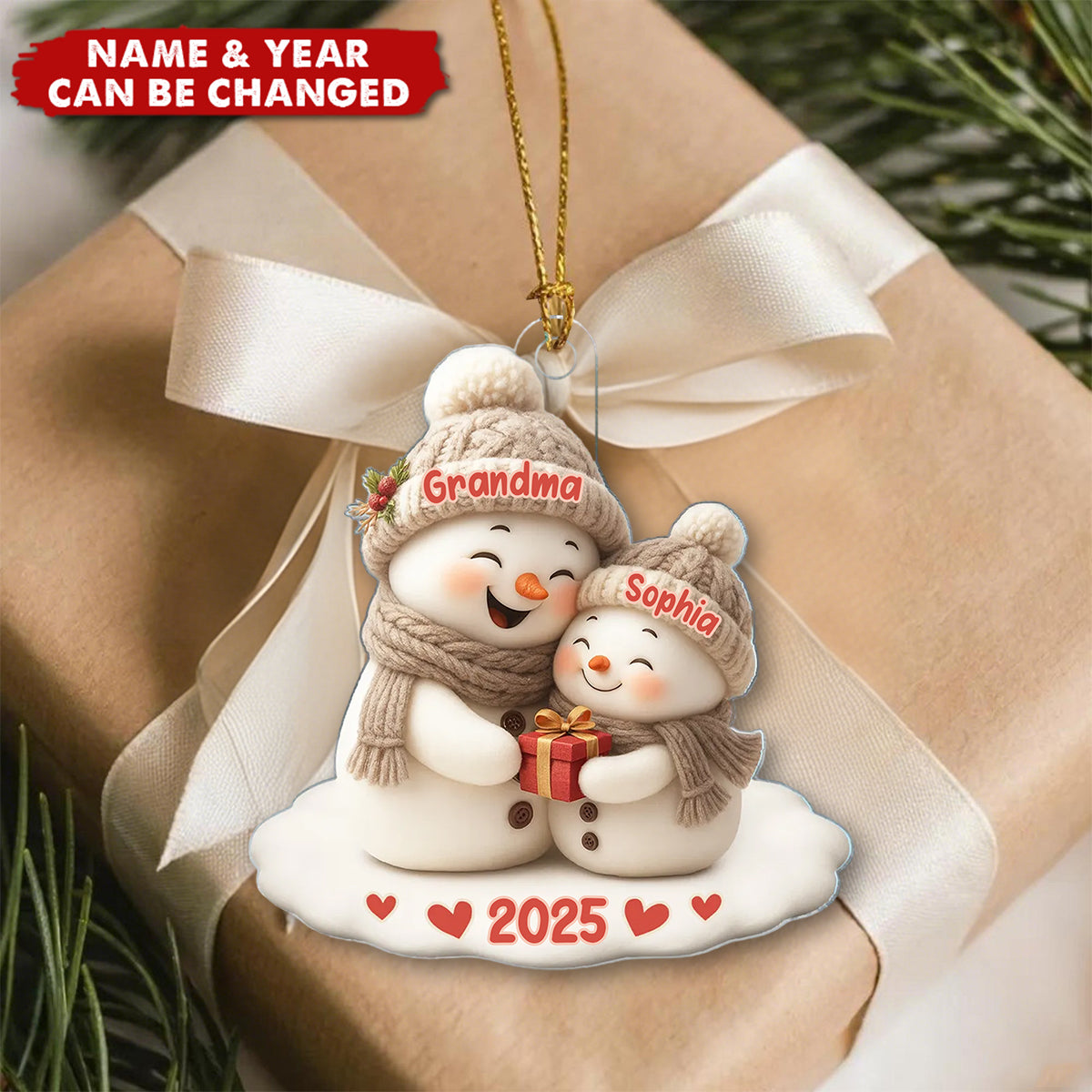 Snowman Grandma Hugging Grandchild Personalized Acrylic Ornament