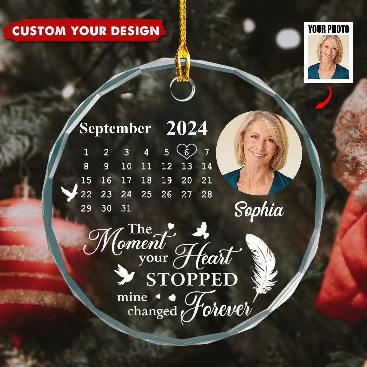 Custom Photo The Moment Your Heart Stopped Memorial Calendar - Personalized Circle Glass Ornament
