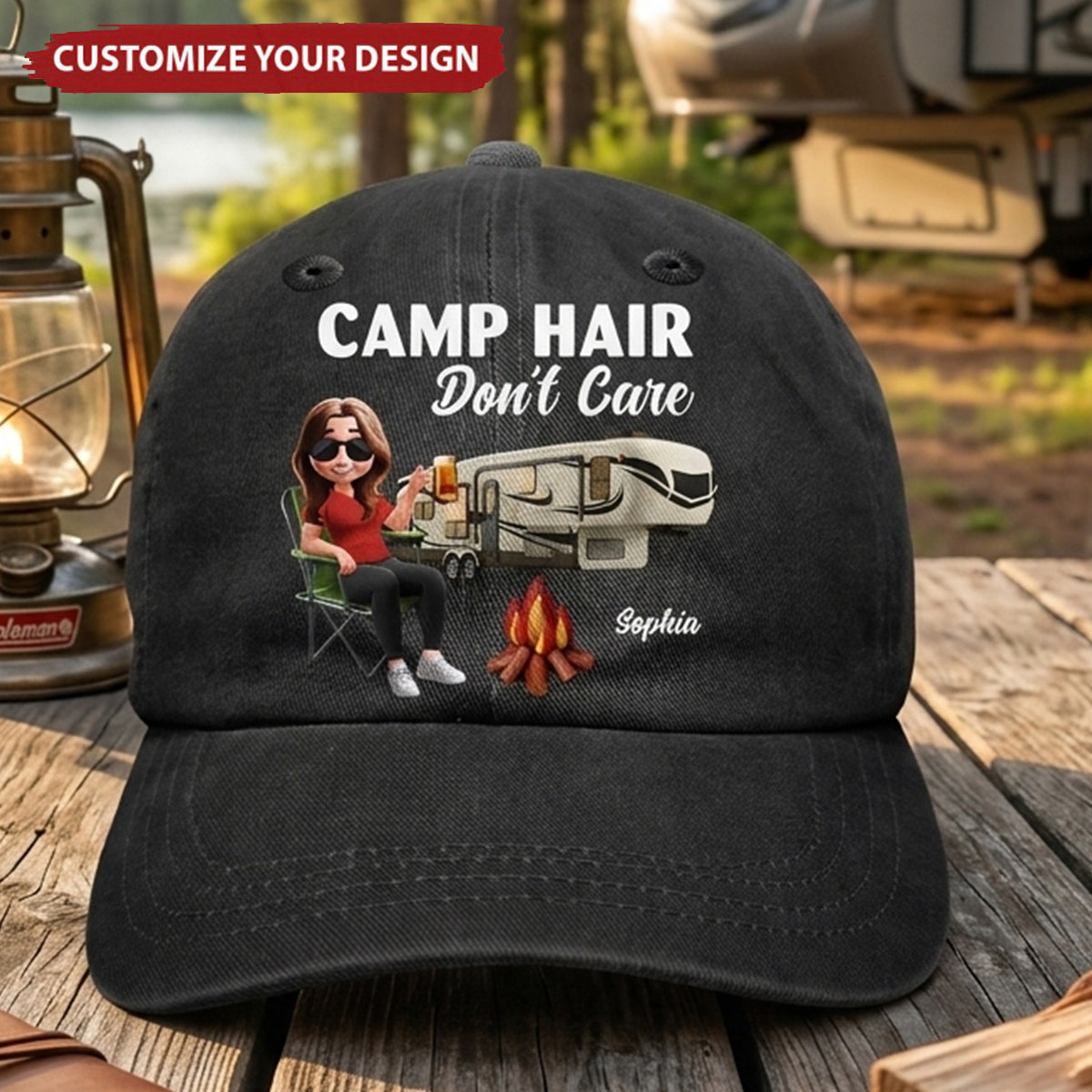 Camp Hair Don't Care Camping - Personalized Vintage Washed Denim Cap