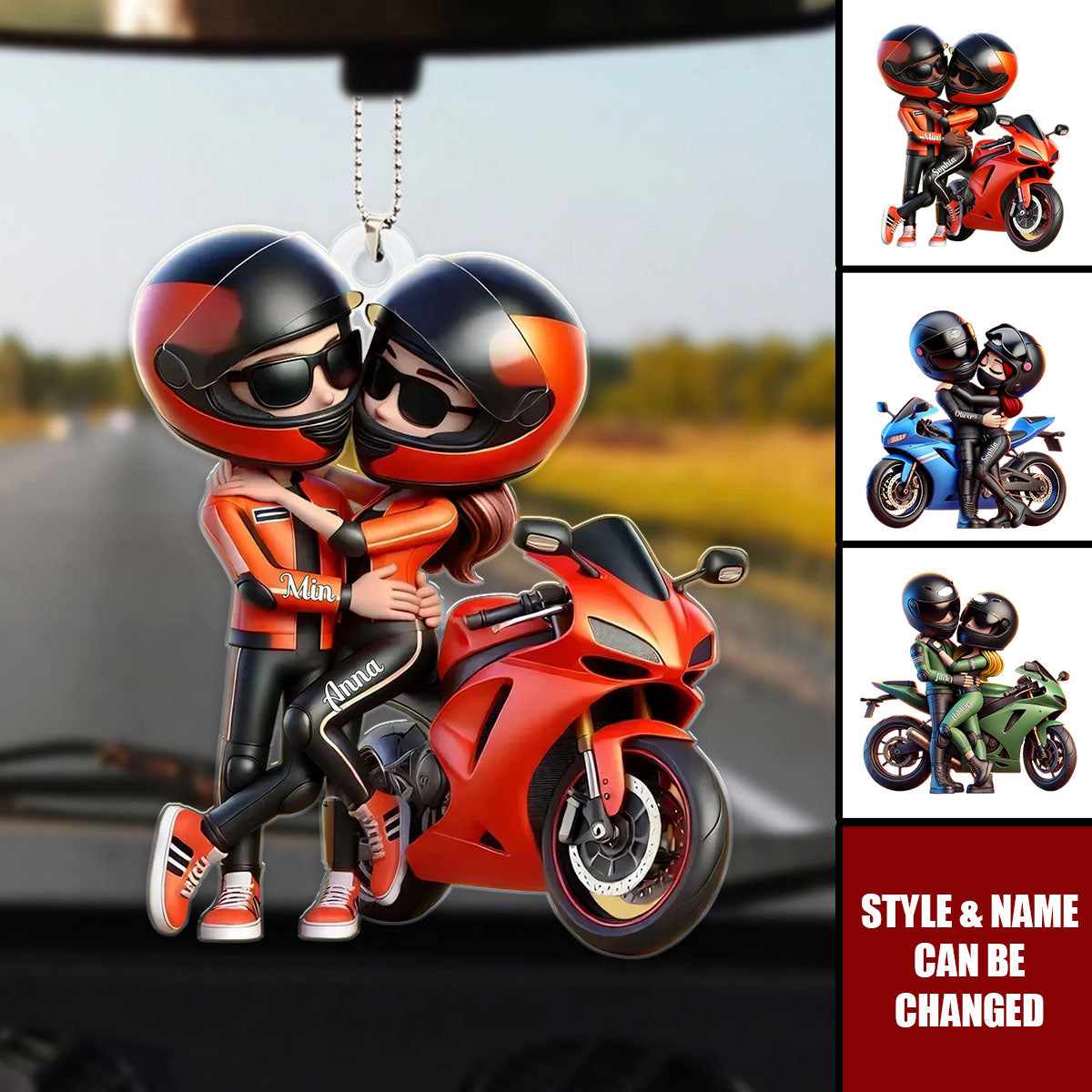 Motorcycle Pretty Cartoon Couple Personalized Acrylic Ornament, Anniversary Birthday Gift For Him, For Biker Couple