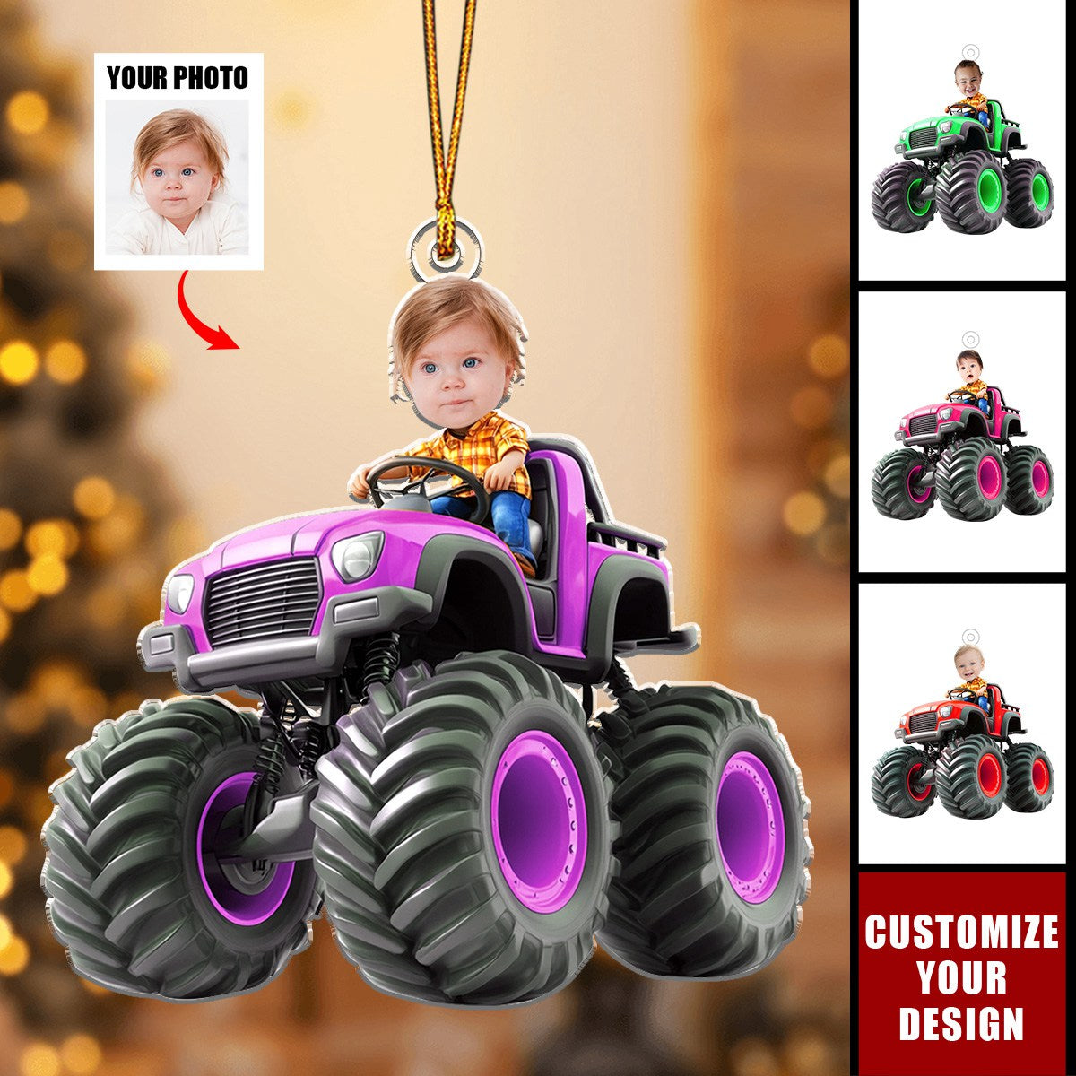 Kid Riding Monster Truck - Personalized Acrylic Photo Ornament, Gift For Toddler, Kid