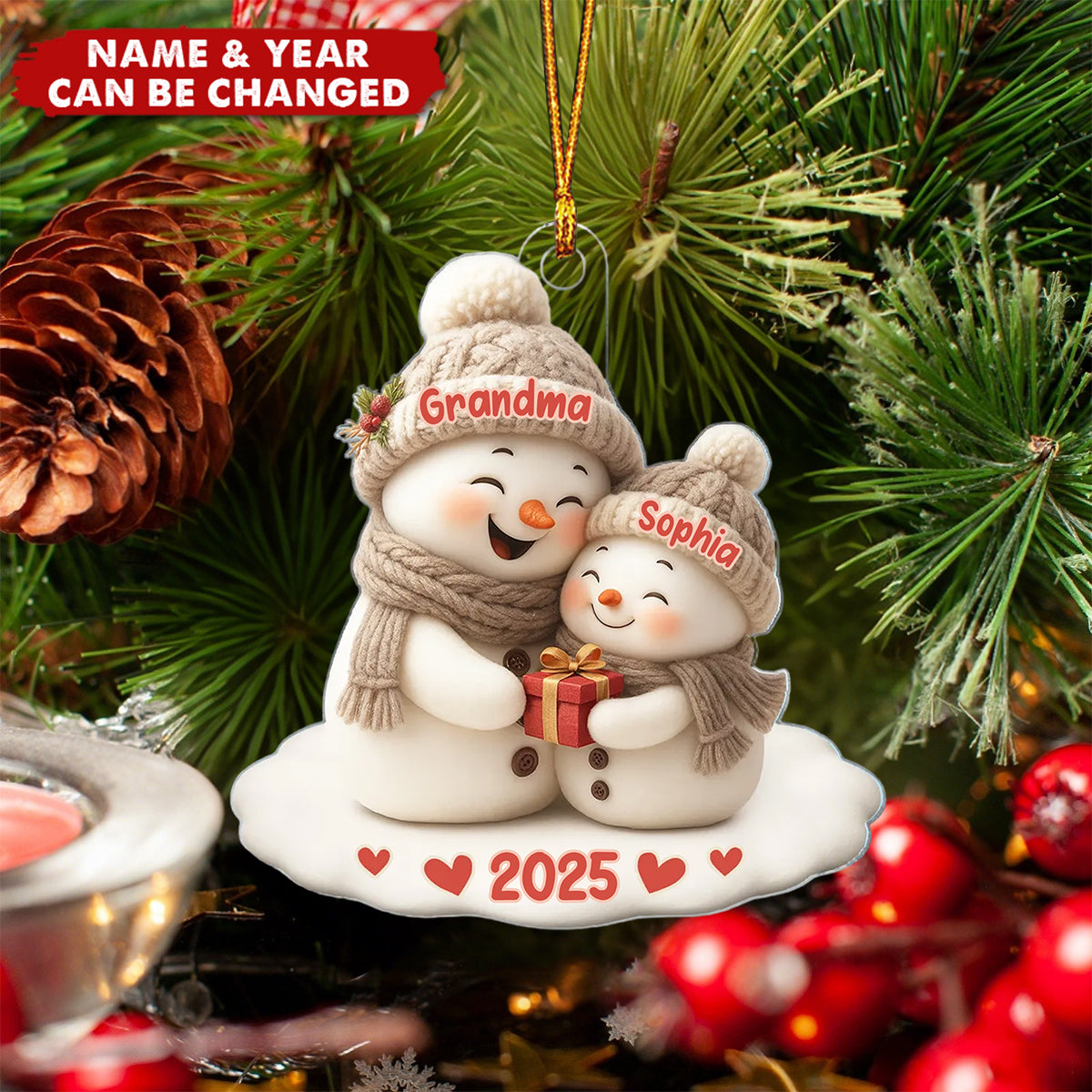 Snowman Grandma Hugging Grandchild Personalized Acrylic Ornament