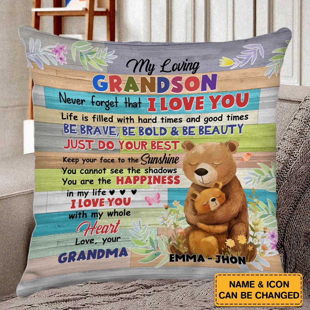 Personalized Gift For Granddaughter Grandson From Grandma Bear Bunny Racoon Animal You Are The Happiness In My Life Pillow
