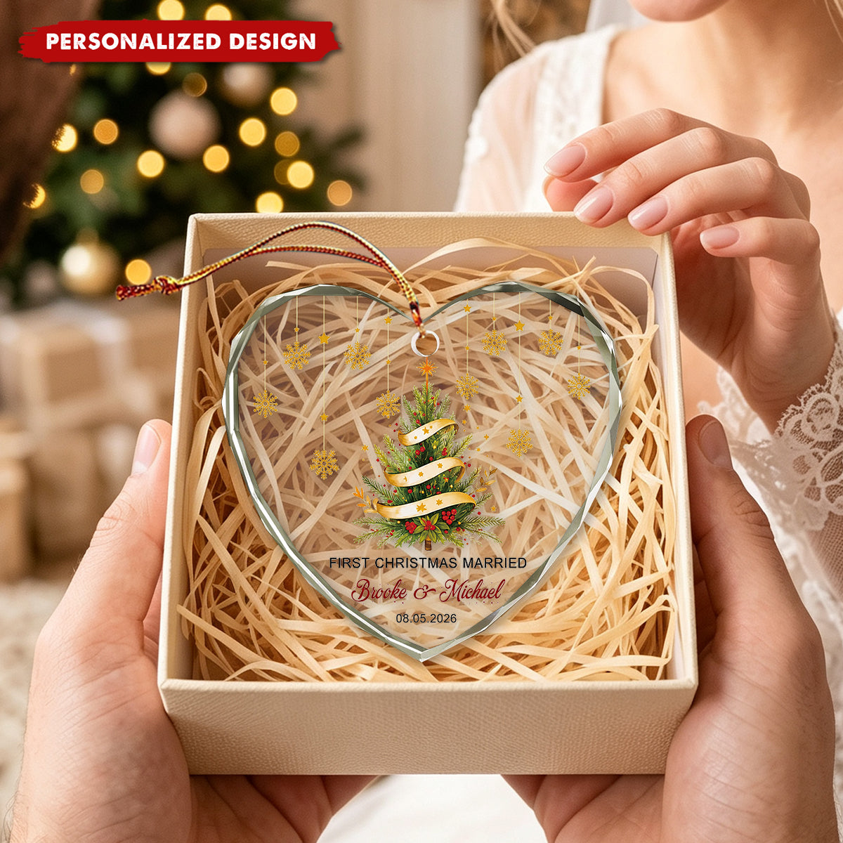 Personalized First Christmas Married Heart Glass Ornament