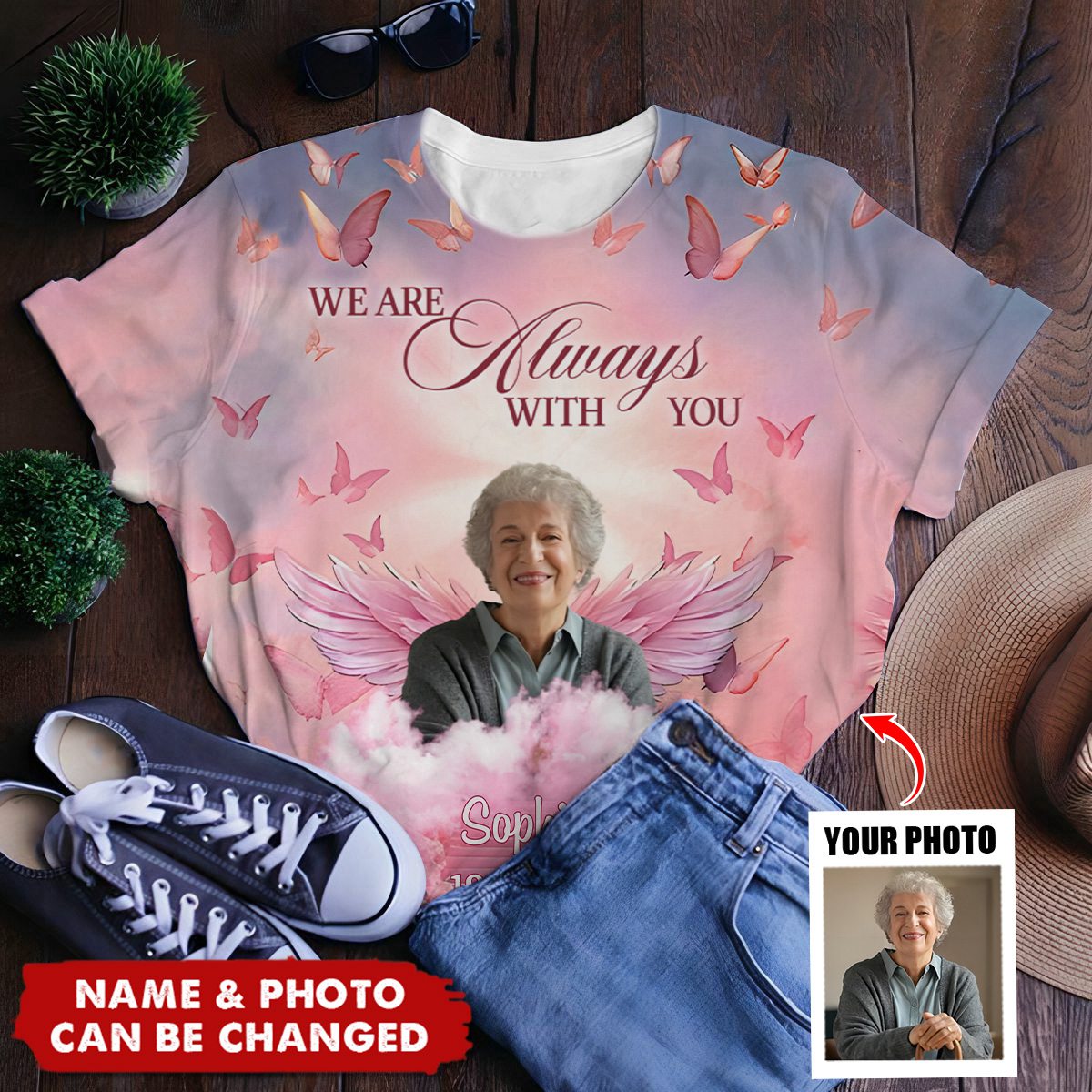 Pink Heaven Custom Photo Angel Wings Butterflies, In Loving Memory Personalized 3D T-Shirt