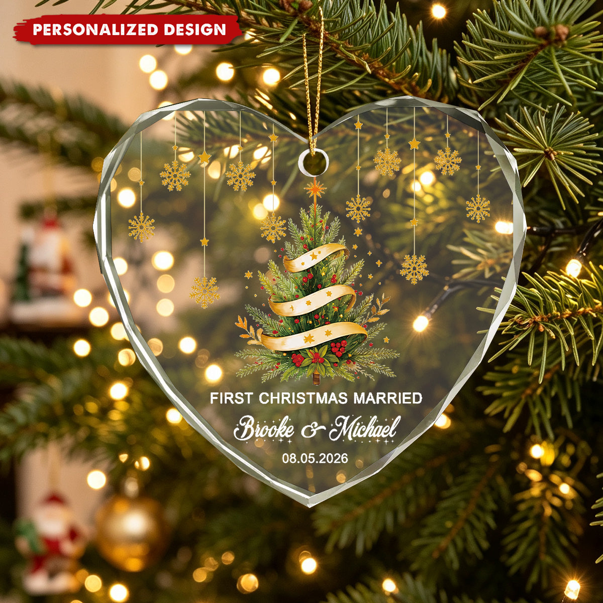 Personalized First Christmas Married Heart Glass Ornament