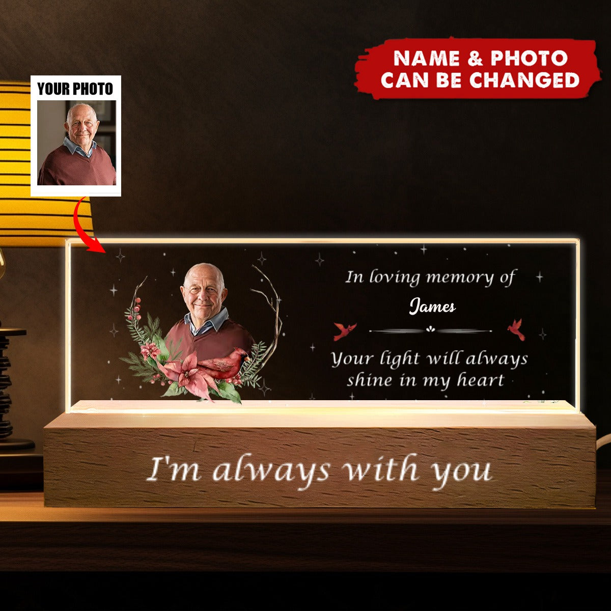 Memorial Personalized Photo Acrylic Letters 3D LED Night Light - Sympathy Gift For Family Members