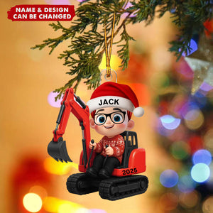 3D Effect Little Boy Kid With Car Excavator Backhoe Tractor Christmas Personalized Acrylic Ornament