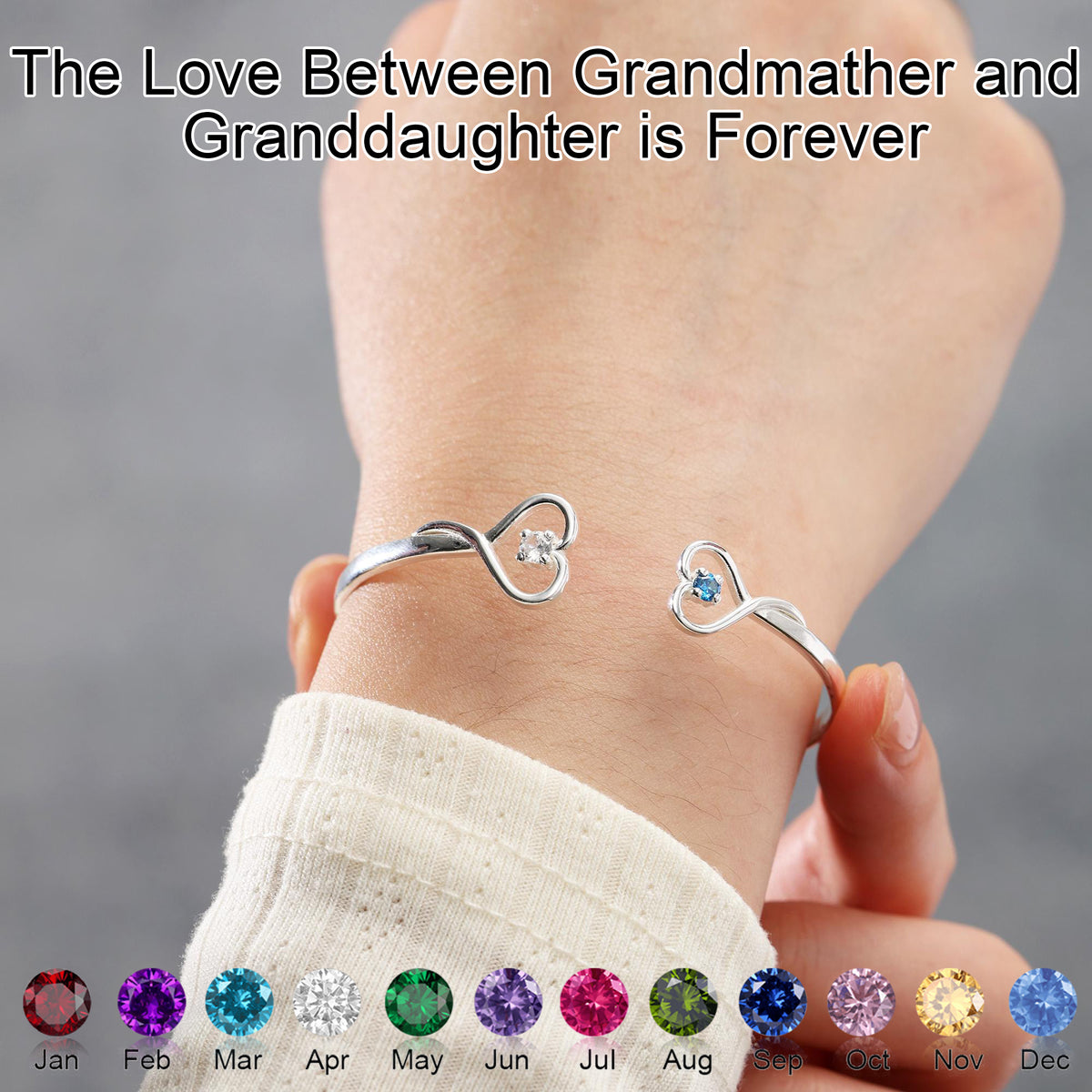 Personalized Double Birthstone Heart Adjustable Bangle with Engraved Text - Birthday Mother's Day Gift for Grandma Granddaughter
