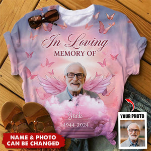 Pink Heaven Custom Photo Angel Wings Butterflies, In Loving Memory Personalized 3D T-Shirt