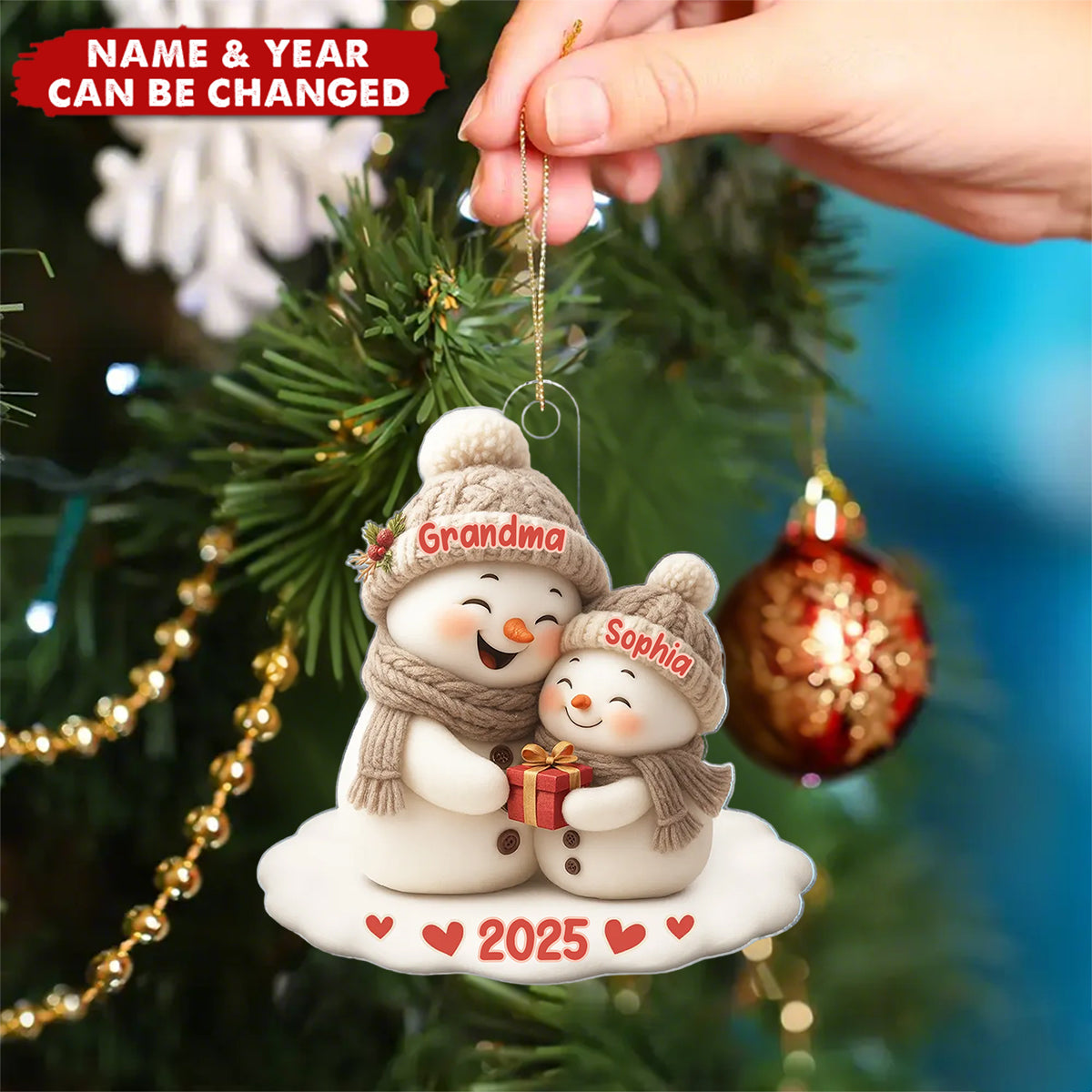 Snowman Grandma Hugging Grandchild Personalized Acrylic Ornament