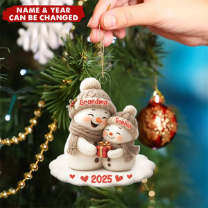 Snowman Grandma Hugging Grandchild Personalized Acrylic Ornament