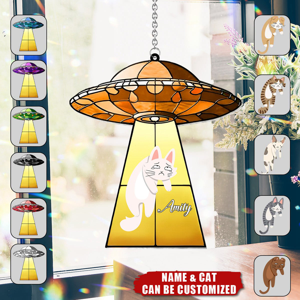 UFO With A Cat - Personalized Cat Window Hanging Suncatcher Ornament