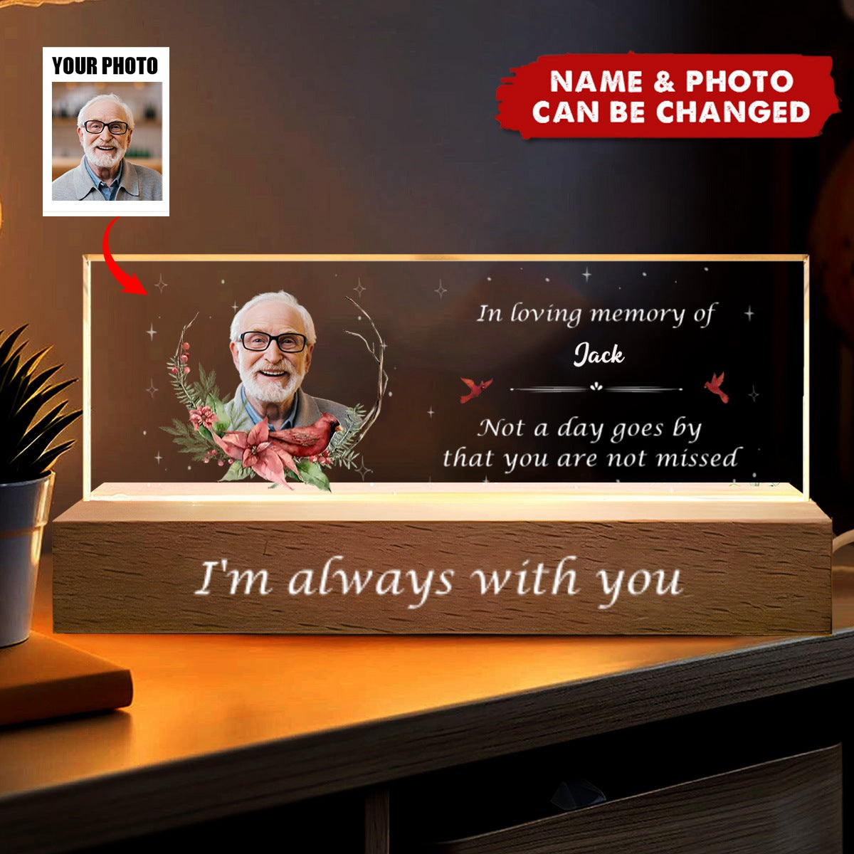Memorial Personalized Photo Acrylic Letters 3D LED Night Light - Sympathy Gift For Family Members