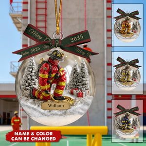 Proud Firefighter - Personalized Firefighter Snow Globe Ornament With Bow