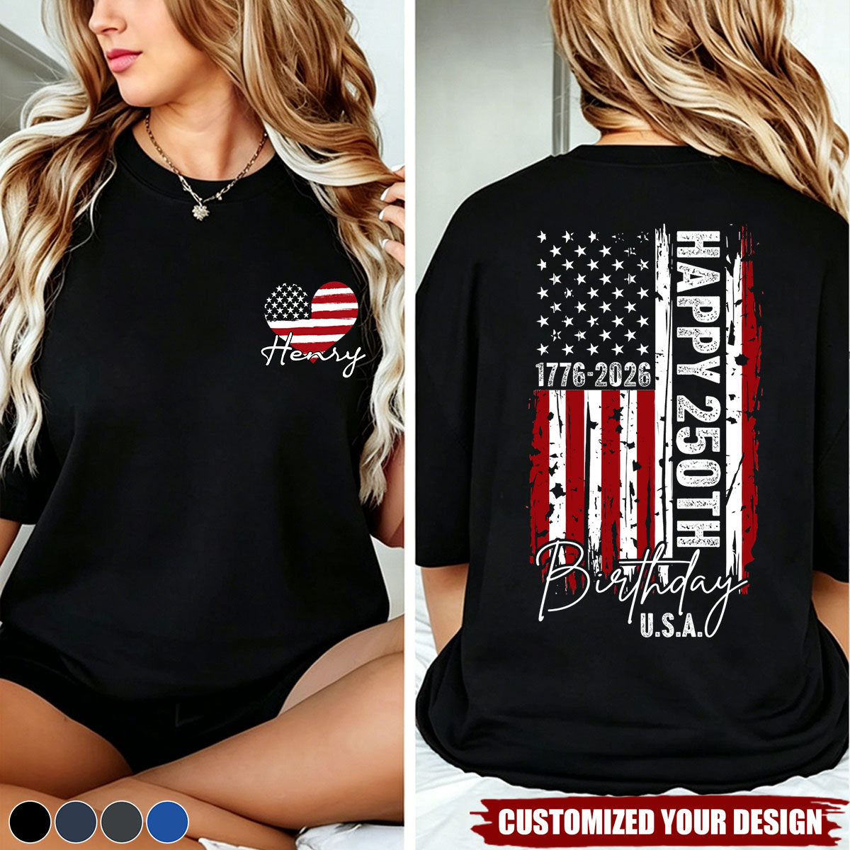 Custom Name USA 250th Birthday 1776-2026 Independence Day Back & Front Dark Shirt