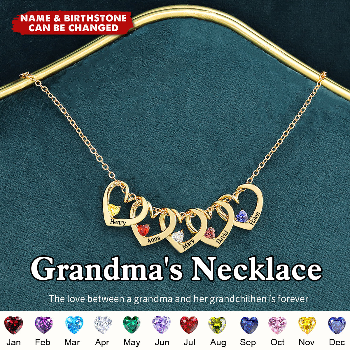 Personalized Heart Name Birthstone Necklace For Mom Grandma