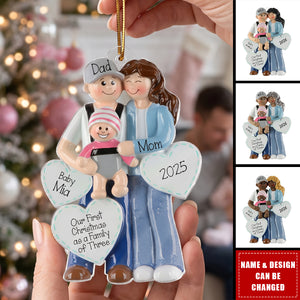 3D Effect First Christmas As Family Of Three Mom Dad & Baby In Carrier - Personalized Acrylic Ornament