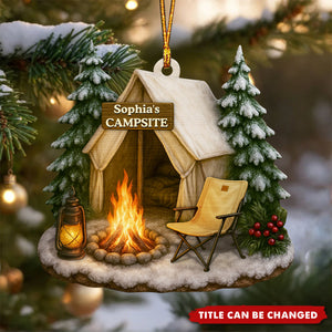Christmas Campsite Scene - Personalized Custom Shaped Wooden Ornament