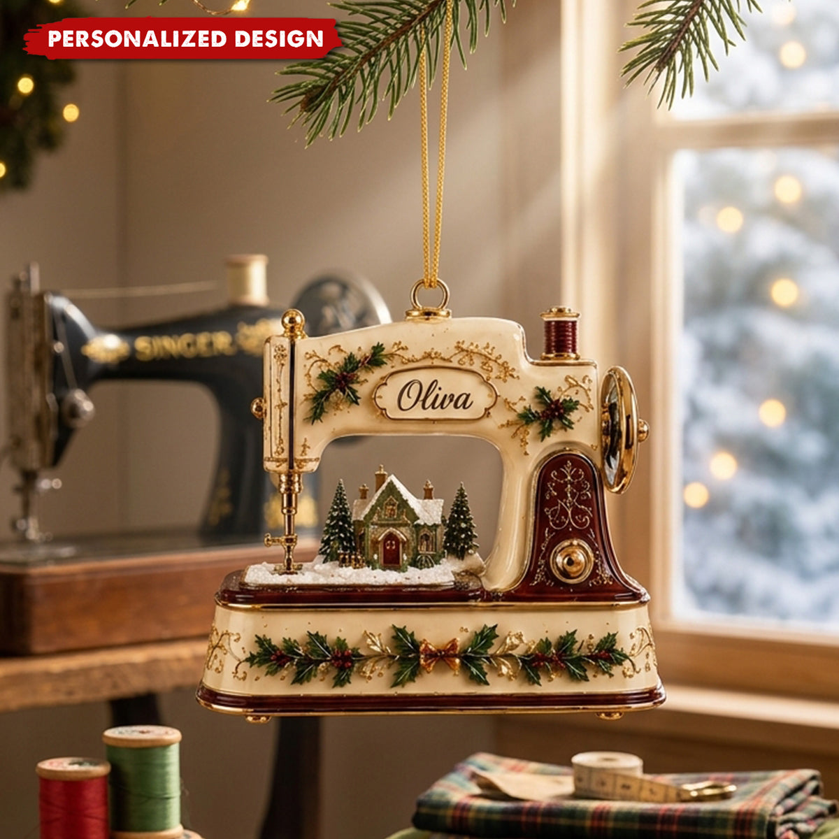 Personalized Vintage Sewing Machine Christmas Ornament, Custom Name Seamstress Ornament