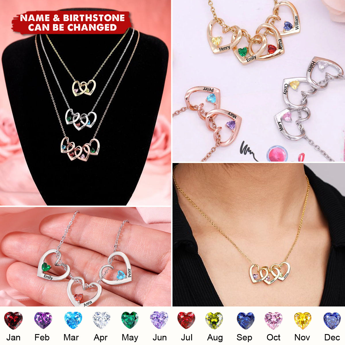 Personalized Heart Name Birthstone Necklace For Mom Grandma