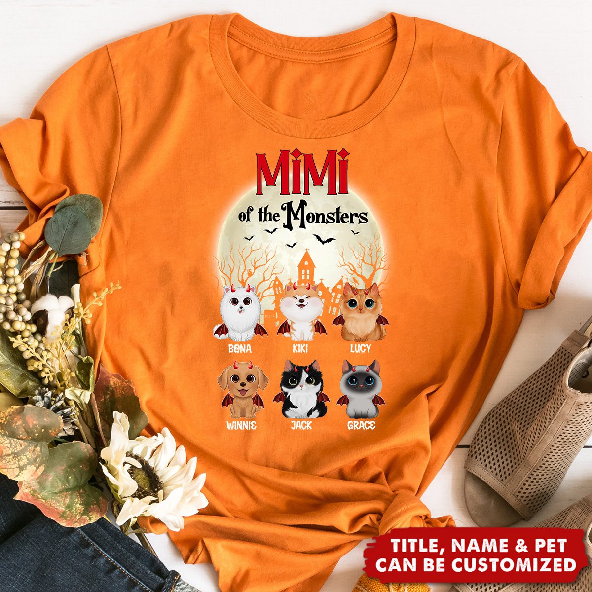 Mommy Of The Monsters Halloween Watercolor Cute Dogs Cats Personalized T-Shirt
