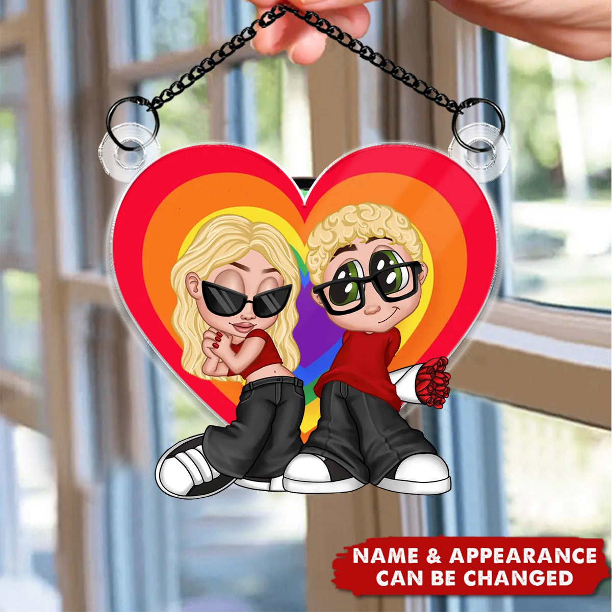 LGBT Y2K Couple Heart Personalized Window Hanging Suncatcher Ornament, Pride Month Gift For Couple, For Him, For Her