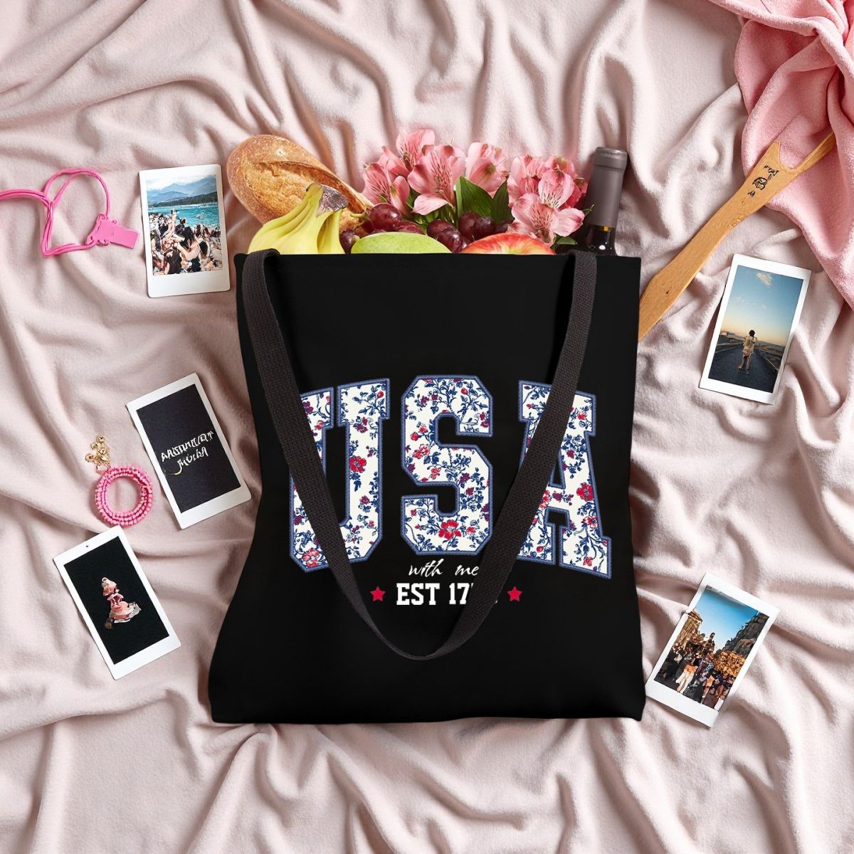 Floral USA 4th Of July Summer Patriotic America Est 1776 Personalized Tote Bag