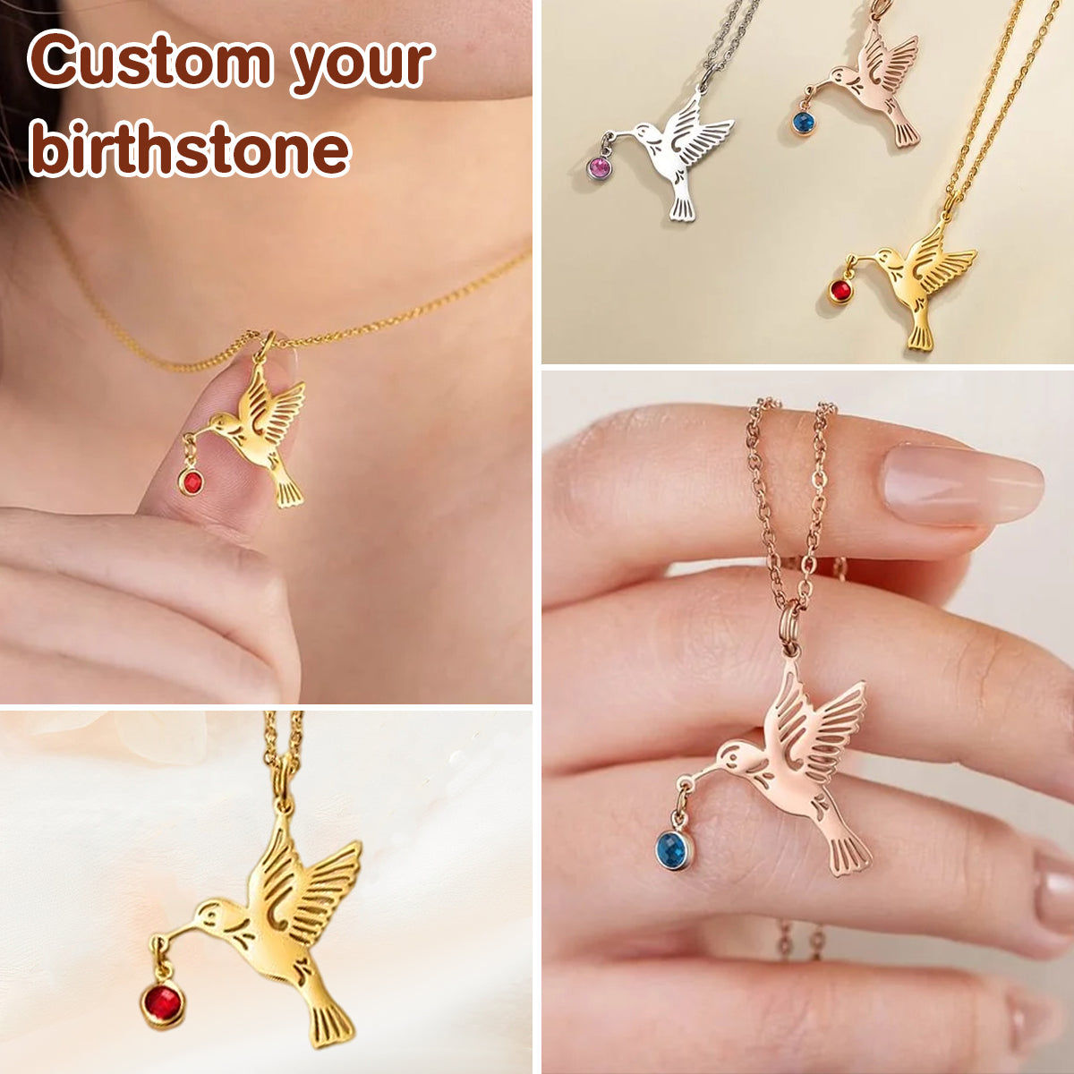 Personalized Dainty Hummingbird Necklace with Birthstone Bird Jewelry Birthday Anniversary Mother's Day Gift for Women